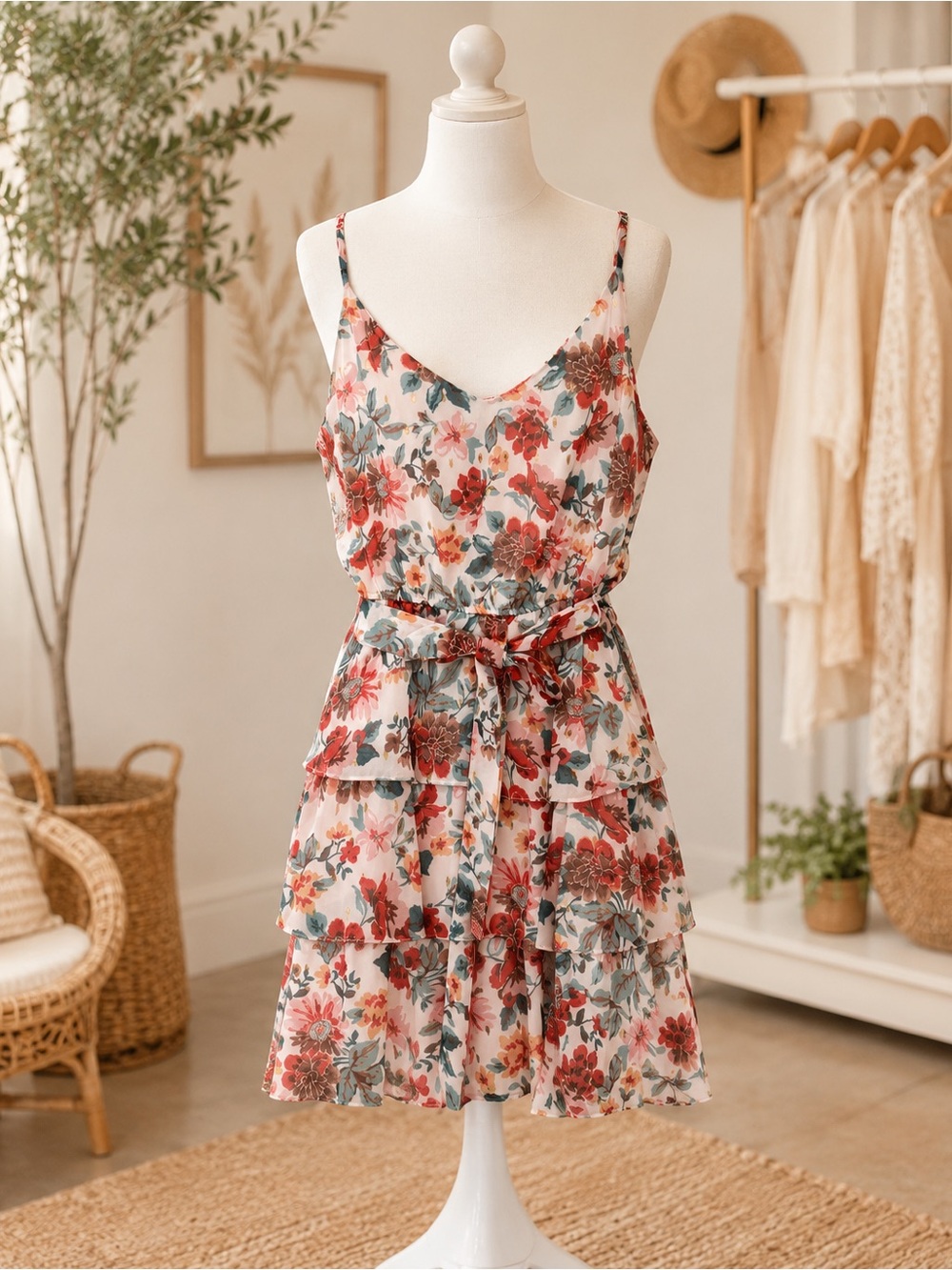 City Vibe Spaghetti-Strap Tiered Mini Dress - Cream with Red & Green Floral